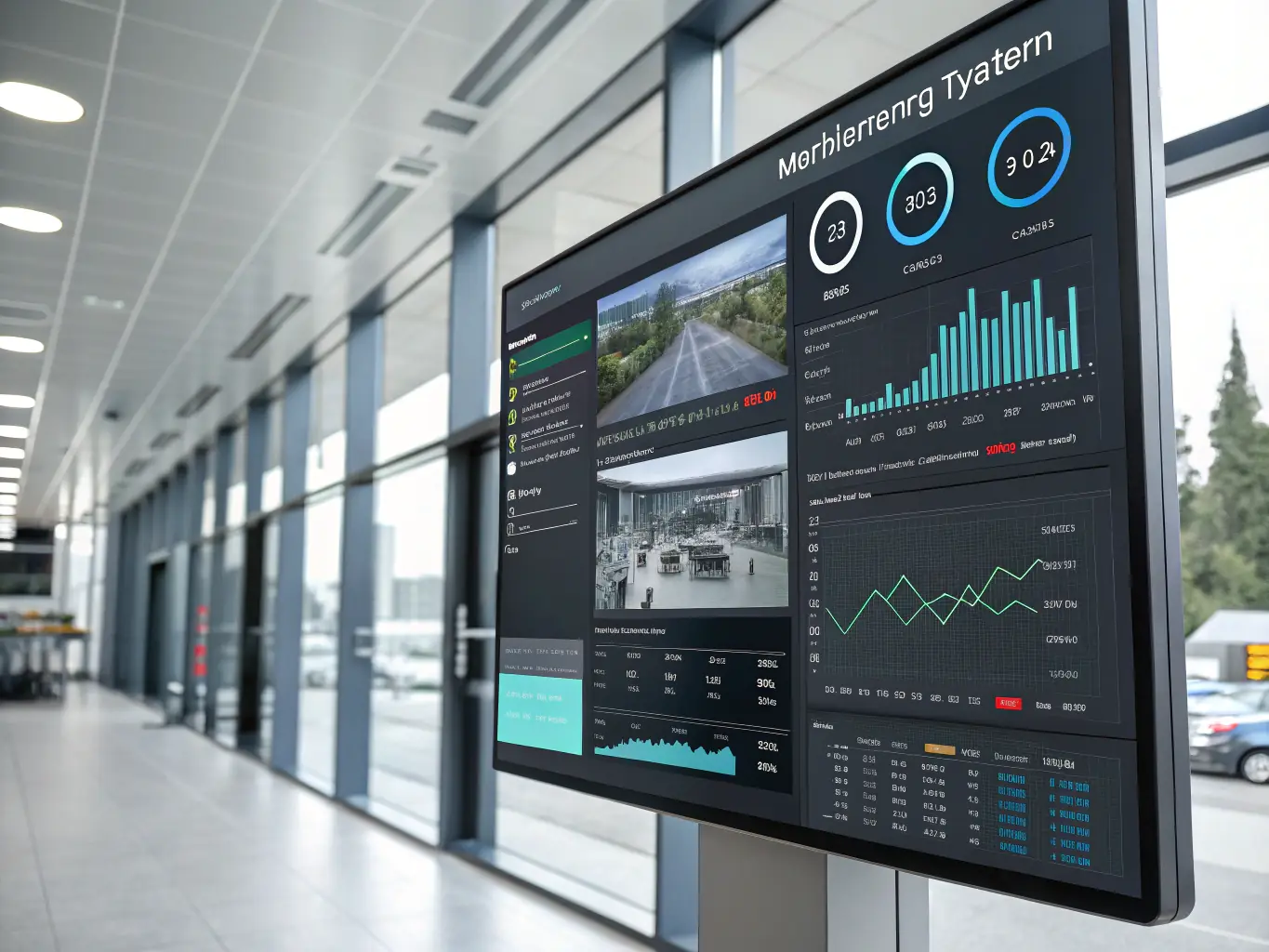 A digital illustration depicting a software interface with maps and data visualizations related to natural risk assessment and prevention, highlighting technological innovation.