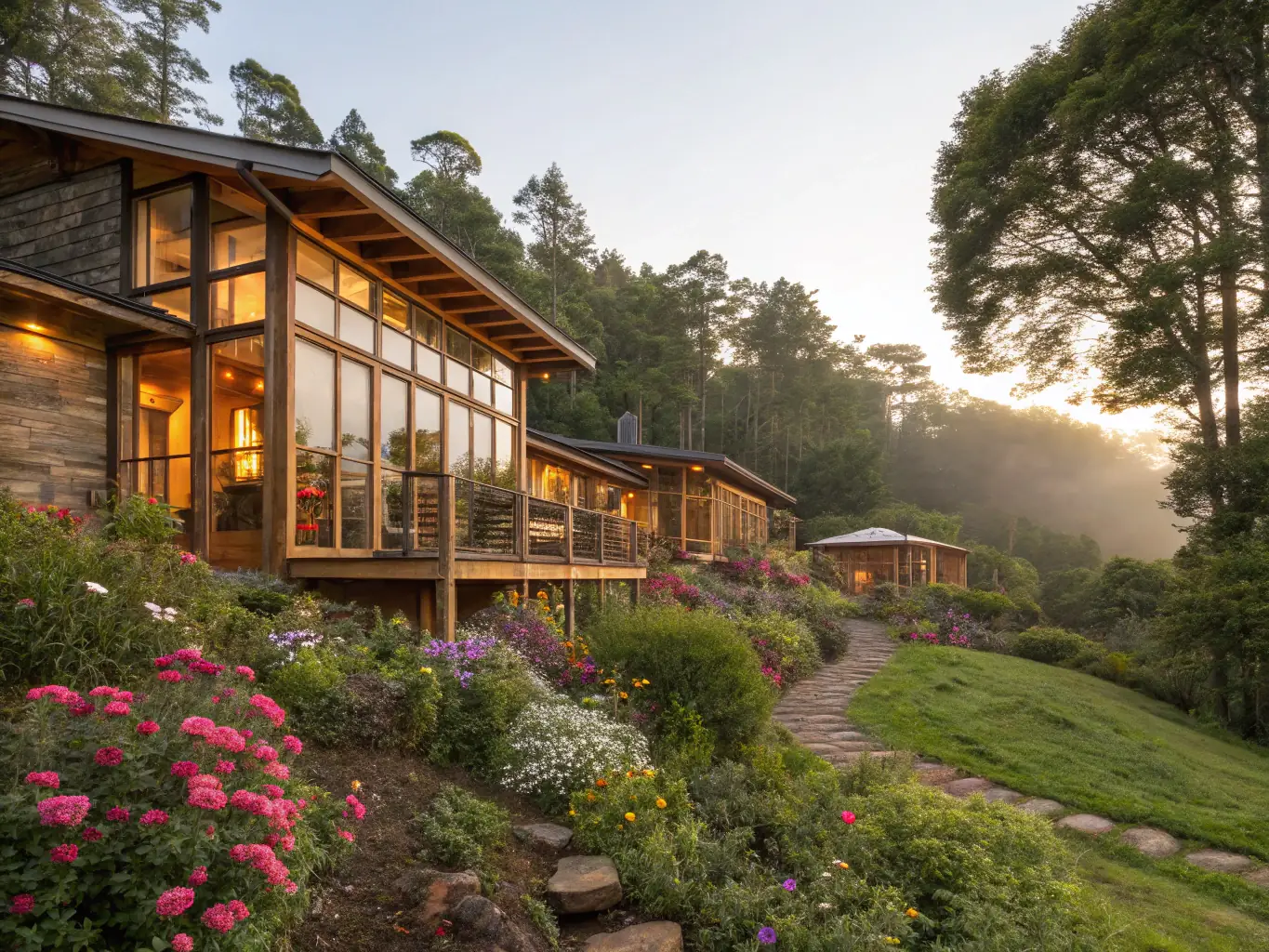 A serene landscape featuring a well-planned eco-tourism resort blending seamlessly with its natural surroundings, showcasing sustainable tourism practices.