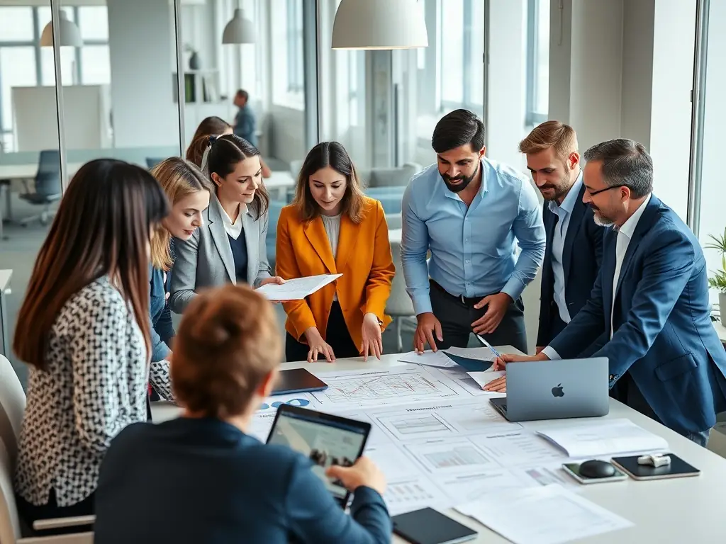 A professional photograph showcasing a team of consultants collaborating on a tourism development project in a scenic natural setting, emphasizing strategic planning and sustainable tourism.