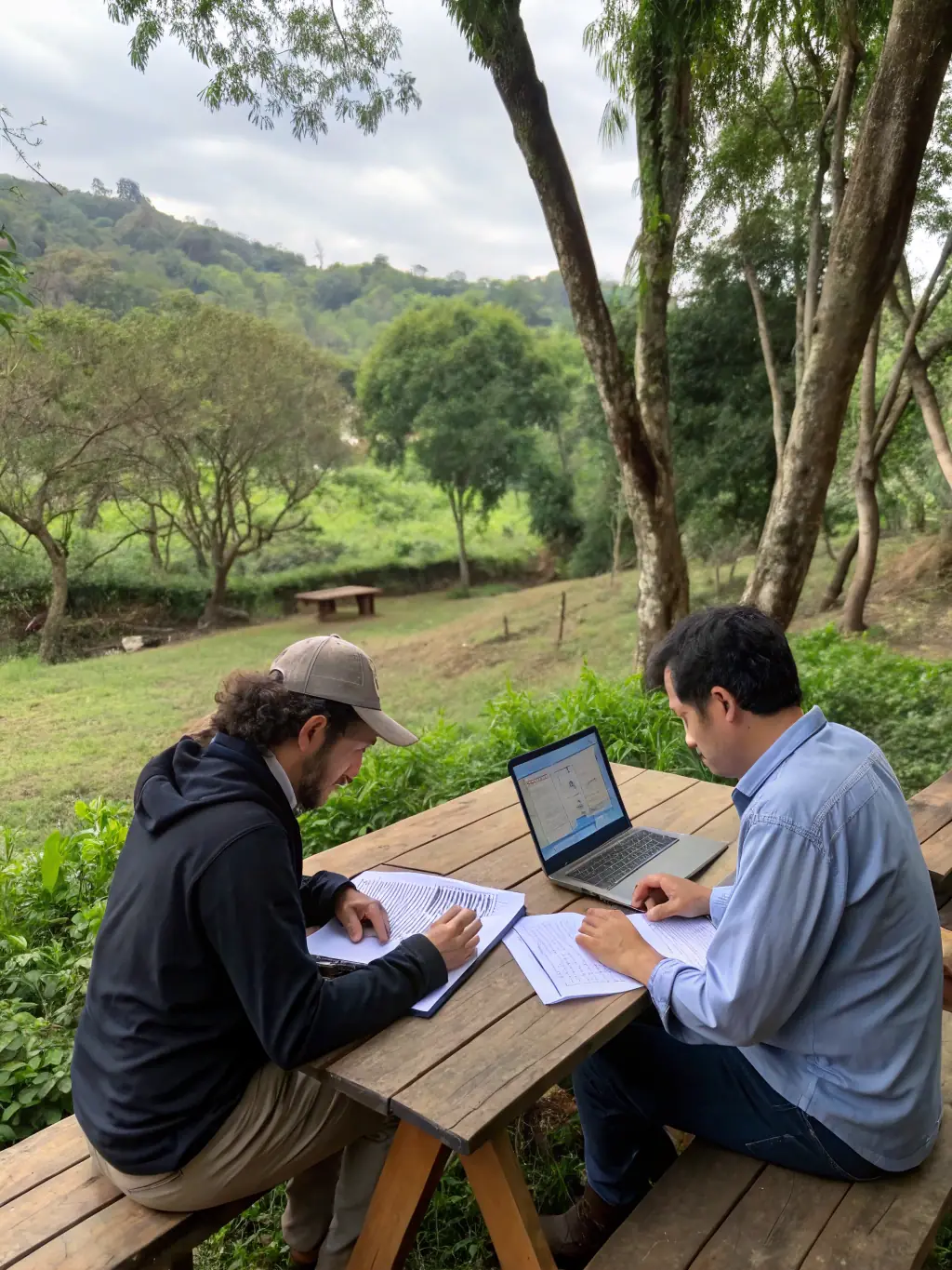 A consultant discussing environmental plans with a client in a scenic outdoor setting, emphasizing sustainable tourism practices.
